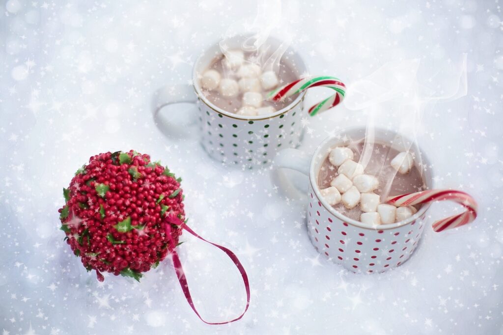 hot chocolate, snow, scarf